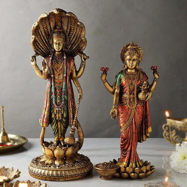 Lord Vishnu & Maa Lakshmi Idol Pair | Standing Murti Set with Antique/Copper Finish