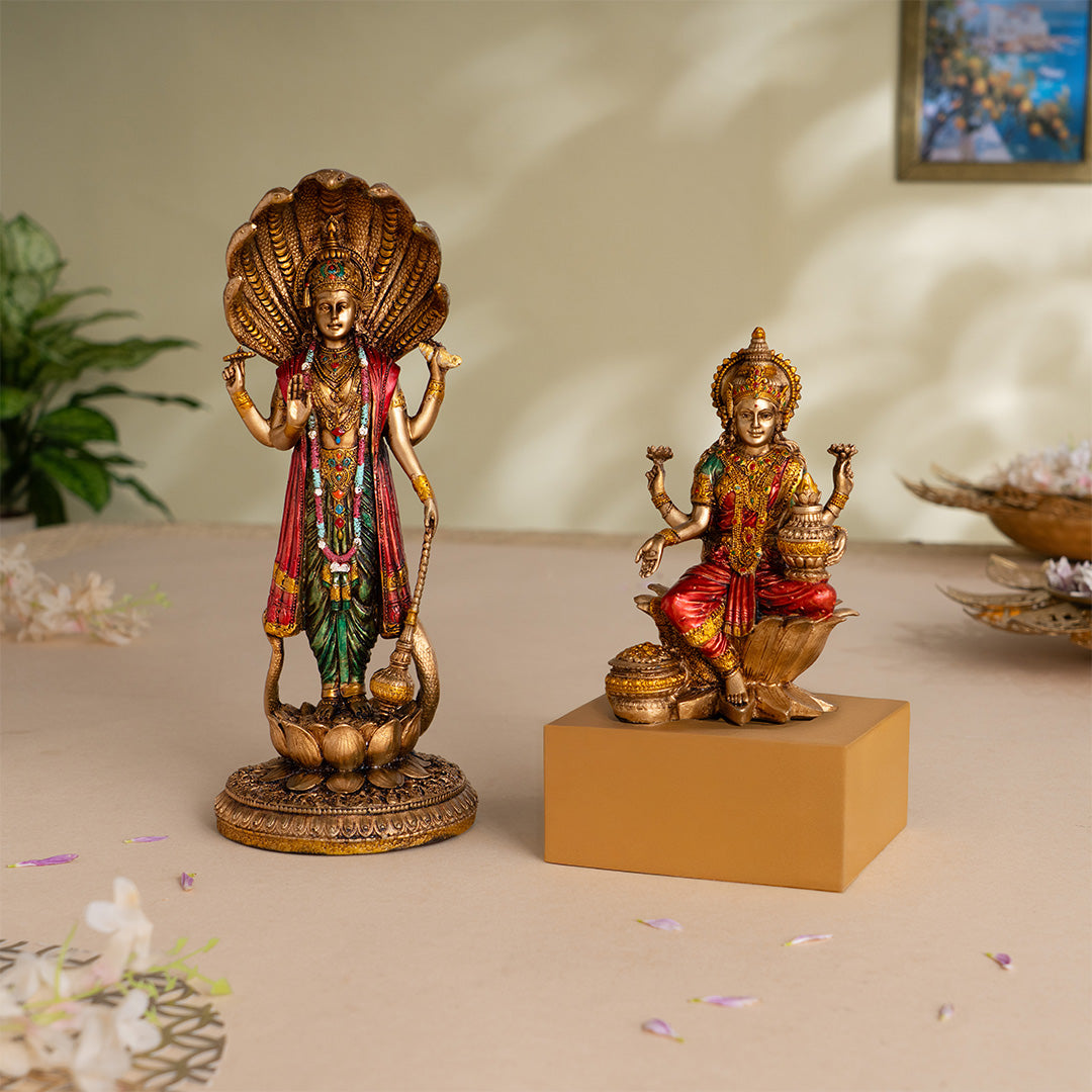 Lord Vishnu Standing Antique Idol with Goddess Lakshmi Antique Idol - Combo