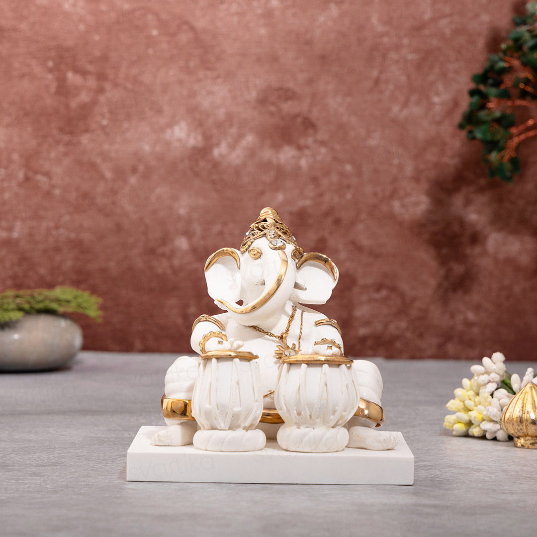 White-Ganesha-Idol-Playing-Table-24K-Gold-Plated-Marble-Dust-Statue