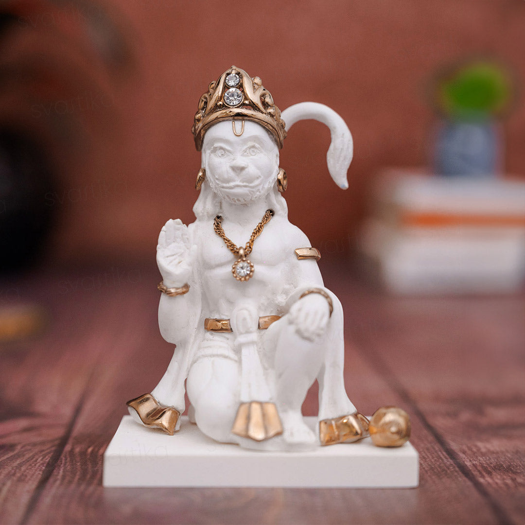 White-Small-Hanuman-Murti-in-Sitting-Position-Marble-Dust