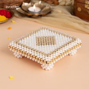 White & Gold Pearl Pooja Chowki (7 Inch)