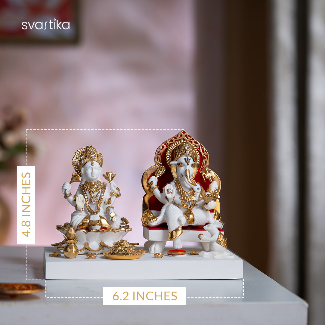 White and gold Lakshmi Ganesh marble dust idol
