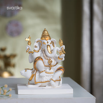 White & Gold Lord Ganesha With Mushak 
