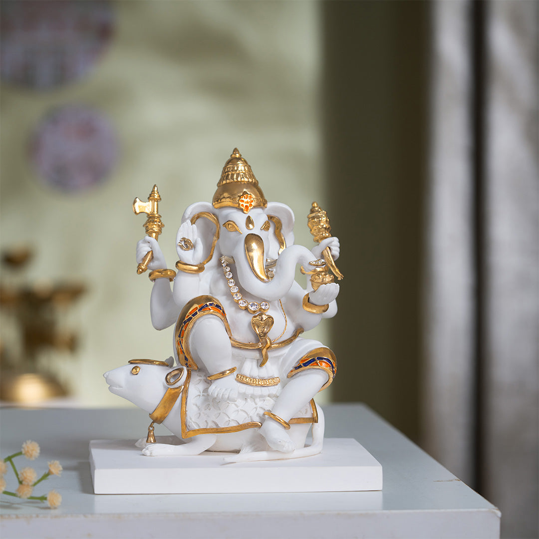 Elegant White & Gold Lord Ganesha With Mushak (6.5 Inch)