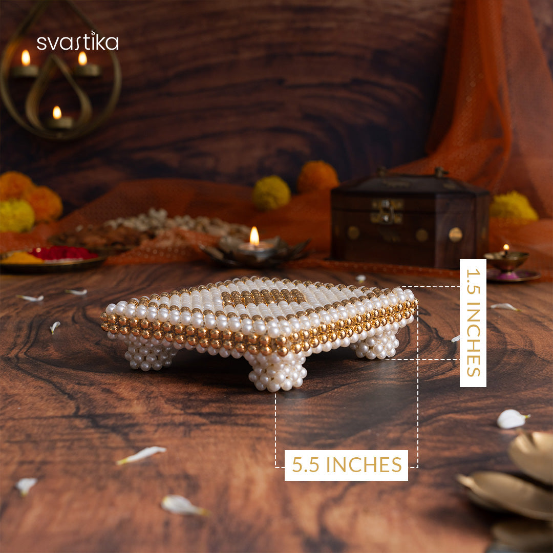 White & Gold Pearl Pooja Chowki (5. Inch)
