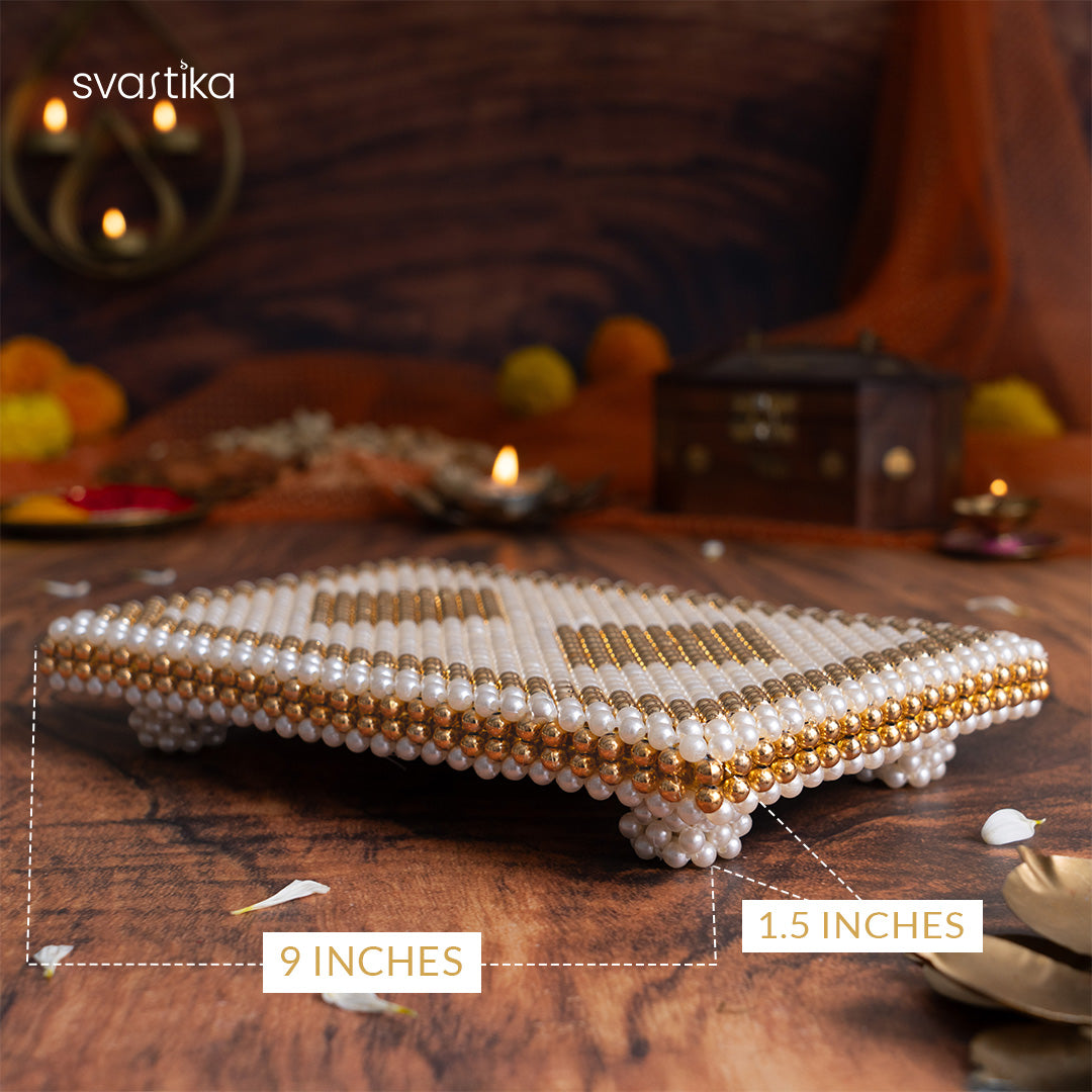 White & Gold Pearl Pooja Chowki (9 inch)