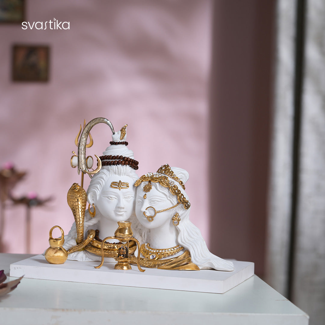 White & Gold Shiv Parvati murti (7 Inch)