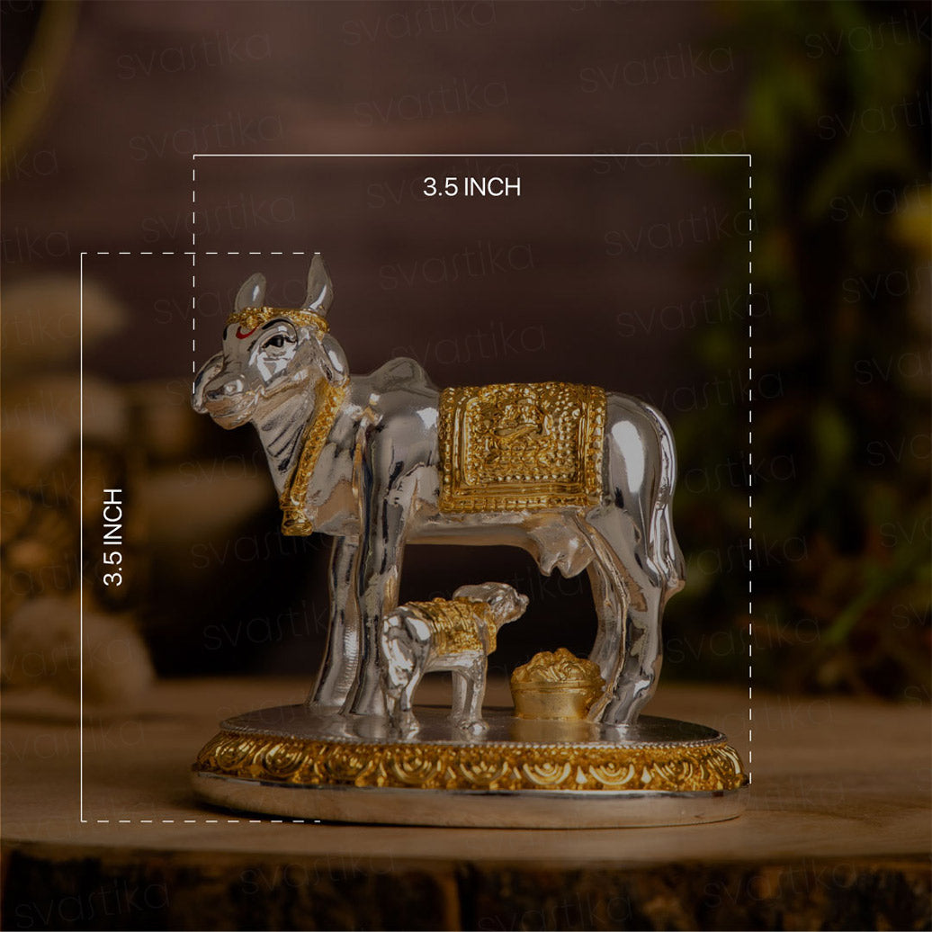 Wish Granting Kamdhenu Cow with Calf Idol | Pure Gold and Sliver Plated