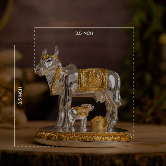Wish Granting Kamdhenu Cow with Calf Idol | Pure Gold and Sliver Plated Dimensions