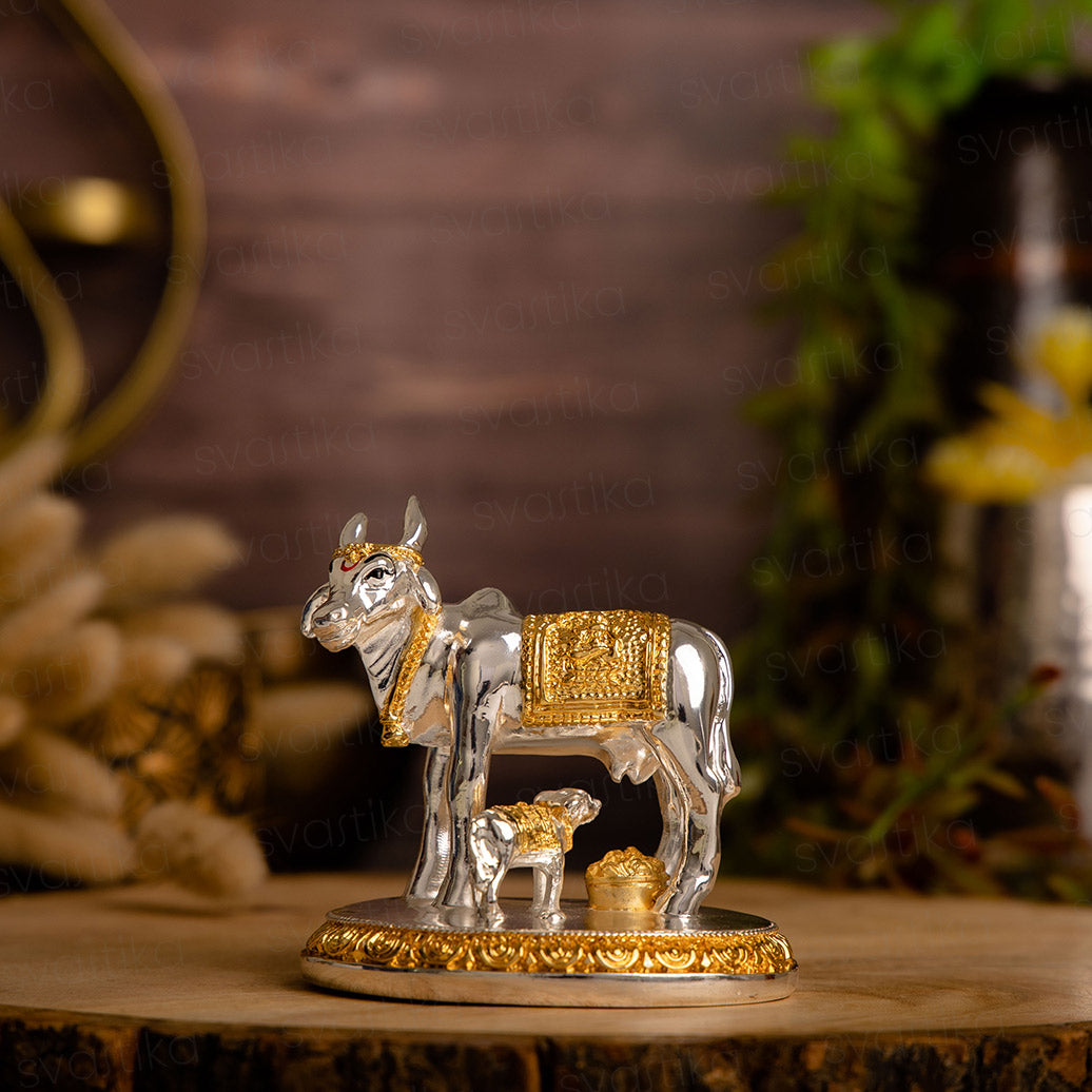 Wish Granting Kamdhenu Cow with Calf Idol | Pure Gold and Sliver Plated