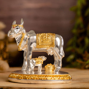 Auspicious Kamdhenu Cow with Calf Idol - Gold and Silver Plated (3 Inch)