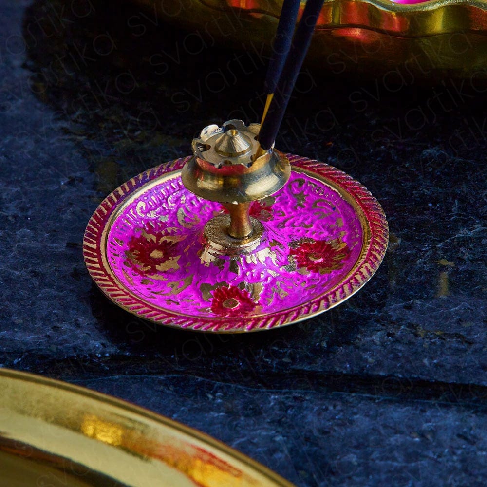 agarbatti holder for om carved gold platted pooja thali set