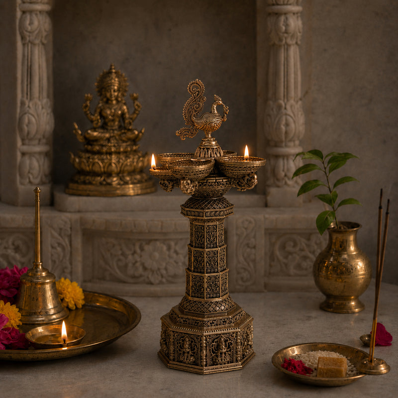 Brass AshtaLakshmi Peacock Diya (10 Inch)