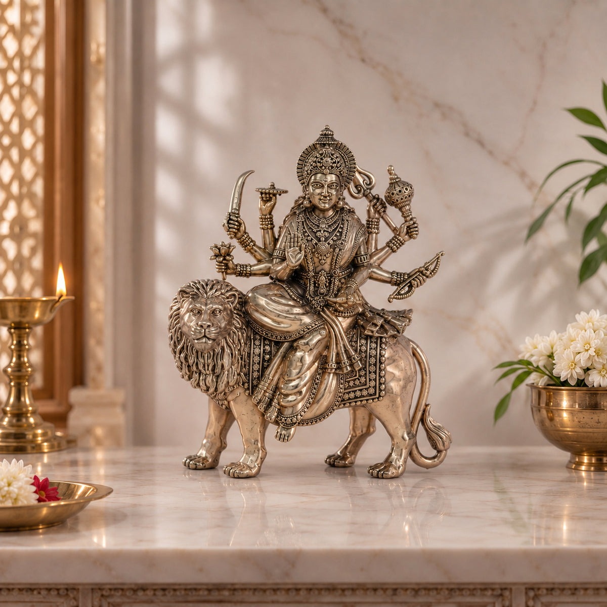Brass Maa Durga Murti in Ashtabhuja Form (8 Inch)