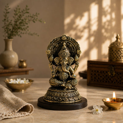 Brass Four-Armed Ganesha Murti with Prabhavali & Mouse Vahana (5.5 Inch)