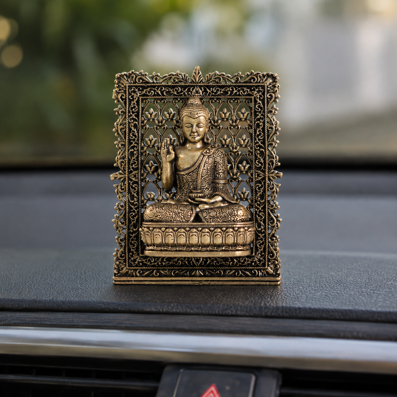 Brass Framed Buddha Idol for Car Dashboard (3 Inch)