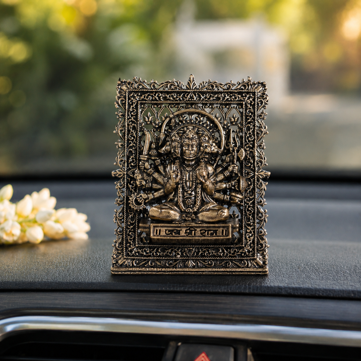 Brass framed sitting Panchmukhi Hanuman idol for car dashboard, front view