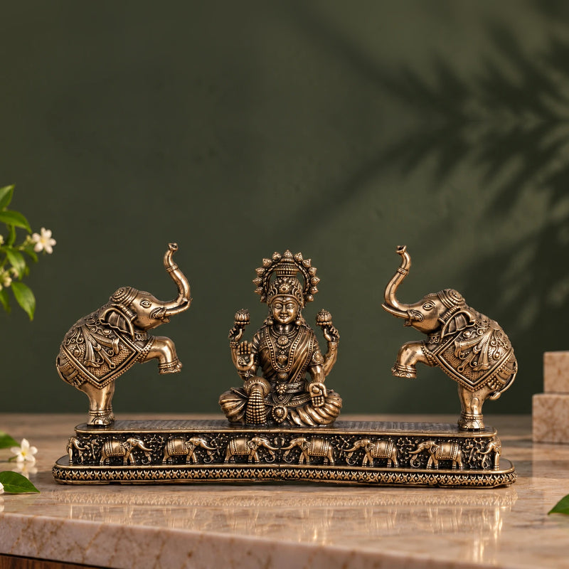 Brass Gaja Lakshmi Murti with Elephant Pair (4.3 Inch)