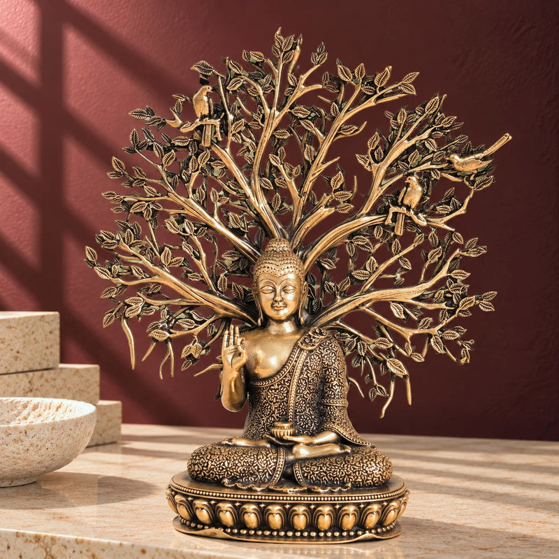 Brass Gautam Buddha Murti under Bodhi Tree (6.5 Inch)