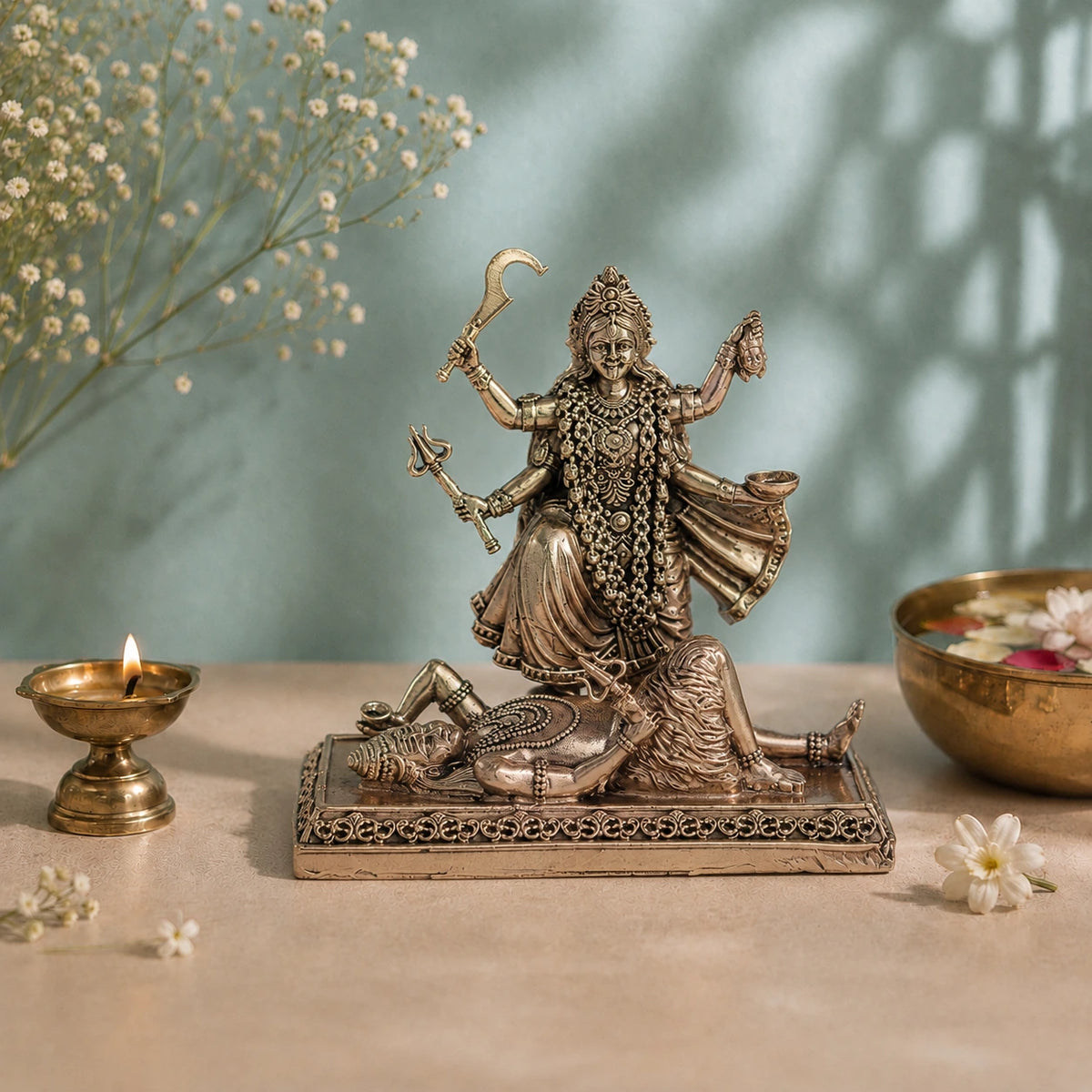 Brass Kali Maa Murti Standing on Lord Shiva (4 Inch)