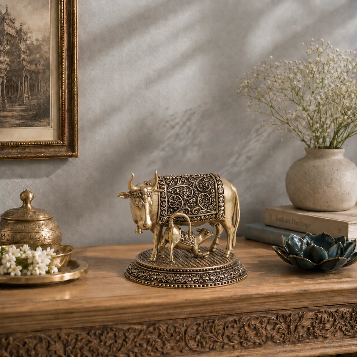 Brass Kamdhenu Cow with Calf Idol on Decorative Base (3.5 inch)