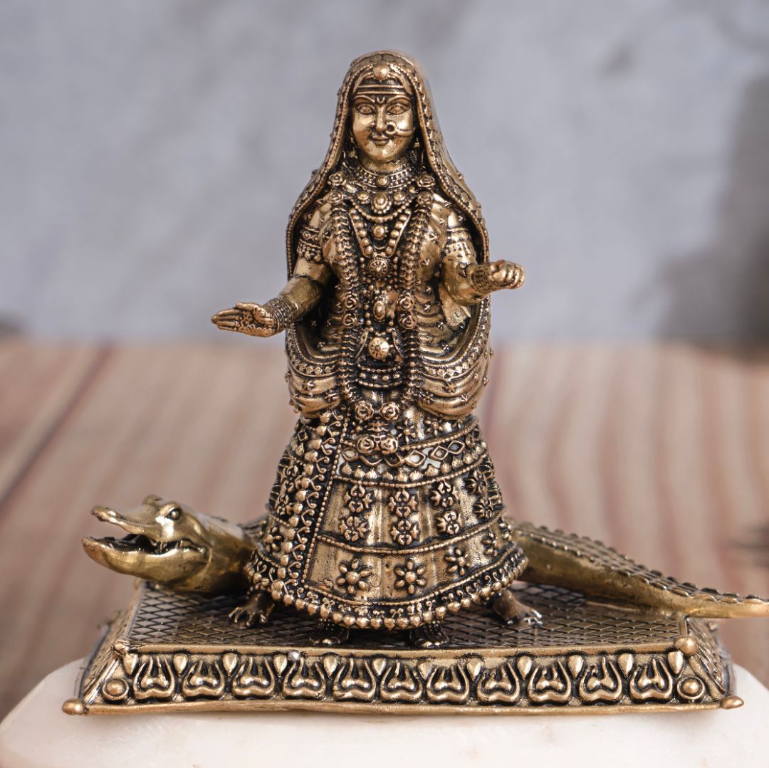 Brass Khodiyar Mata Murti with Trishul and Crocodile Vahana hero view