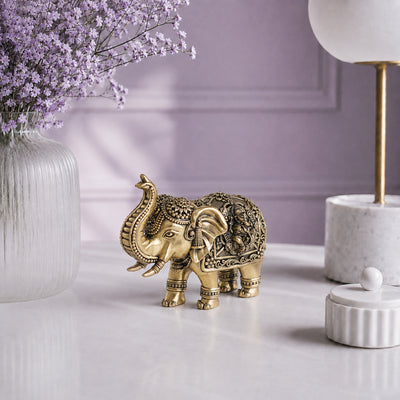 Brass Elephant Statue with Lakshmi & Ganesha (4.75 Inch)