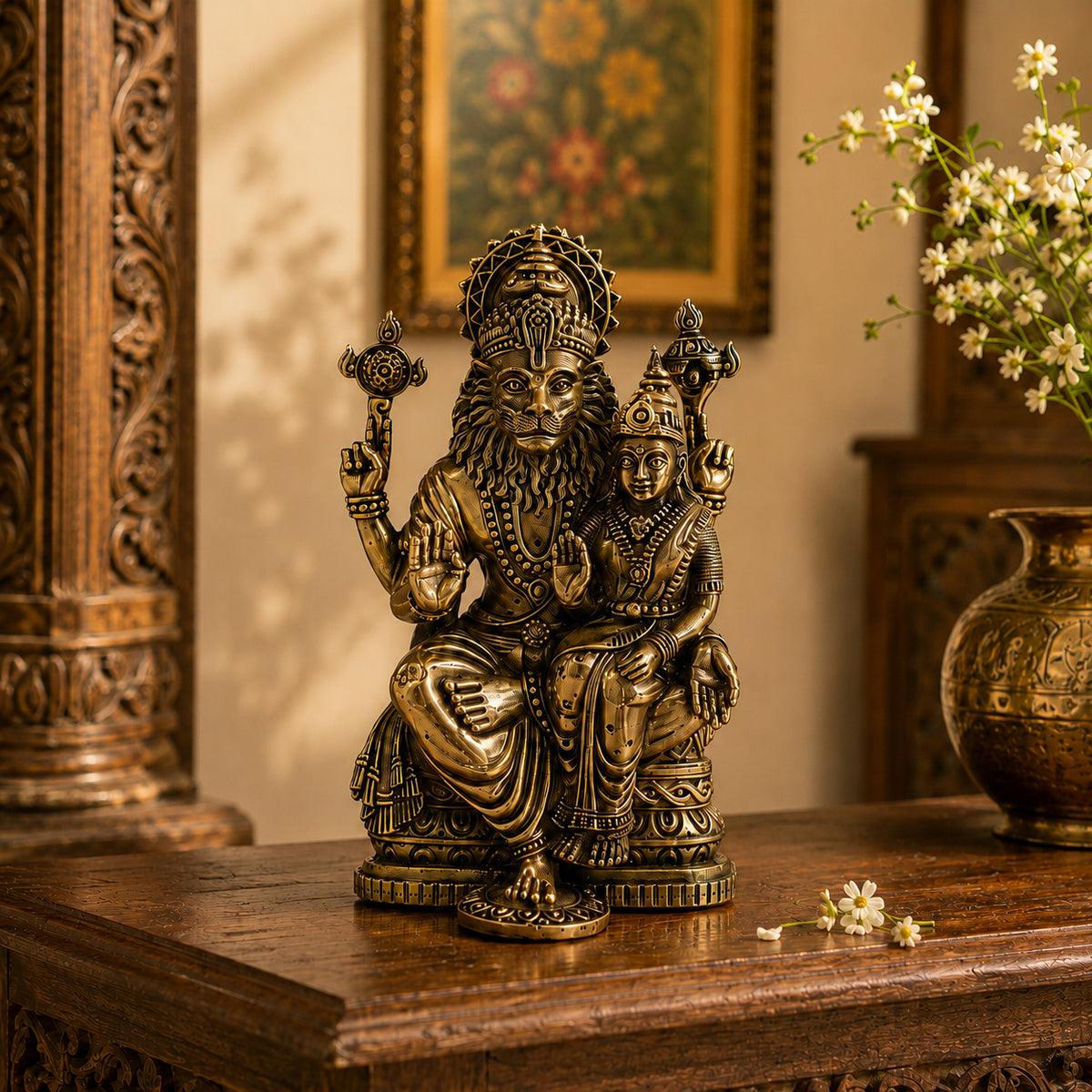 Brass Lakshmi Narasimha Murti Holding Shankha & Chakra (6 Inch)