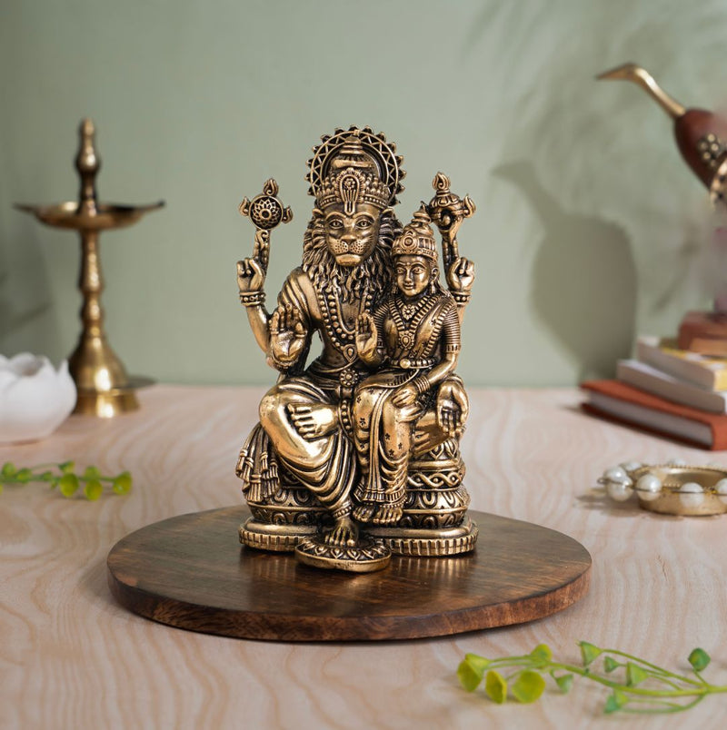 Brass Lakshmi Narasimha Murti Seated on Throne (6.5 Inch)