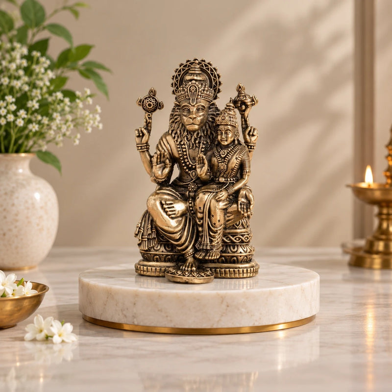 Brass Lakshmi Narasimha Murti Seated on Throne (6.5 Inch)