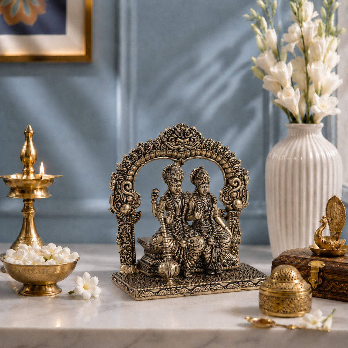Brass Lakshmi Narayan Murti Seated Under Carved Arch (5 Inch)