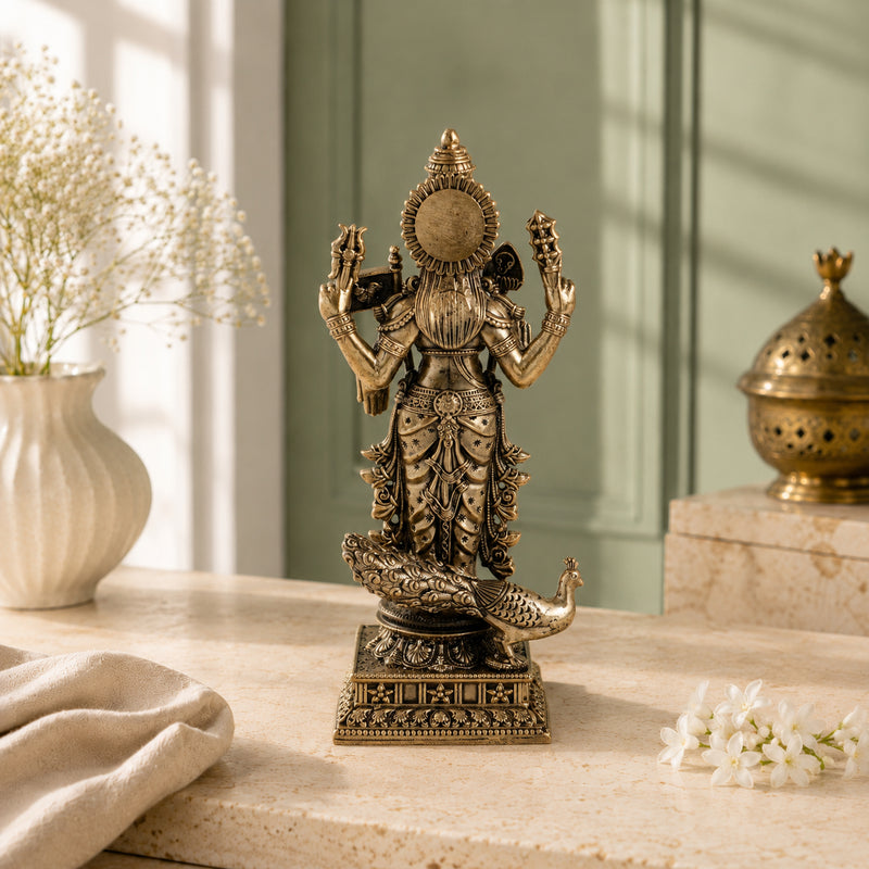 Brass Four-Armed Lord Murugan Murti with Peacock Vahana (6 Inch)