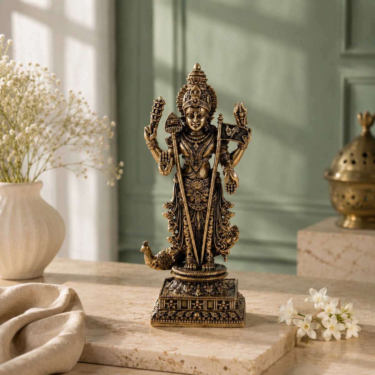 Brass Four-Armed Lord Murugan Murti with Peacock Vahana (6 Inch)