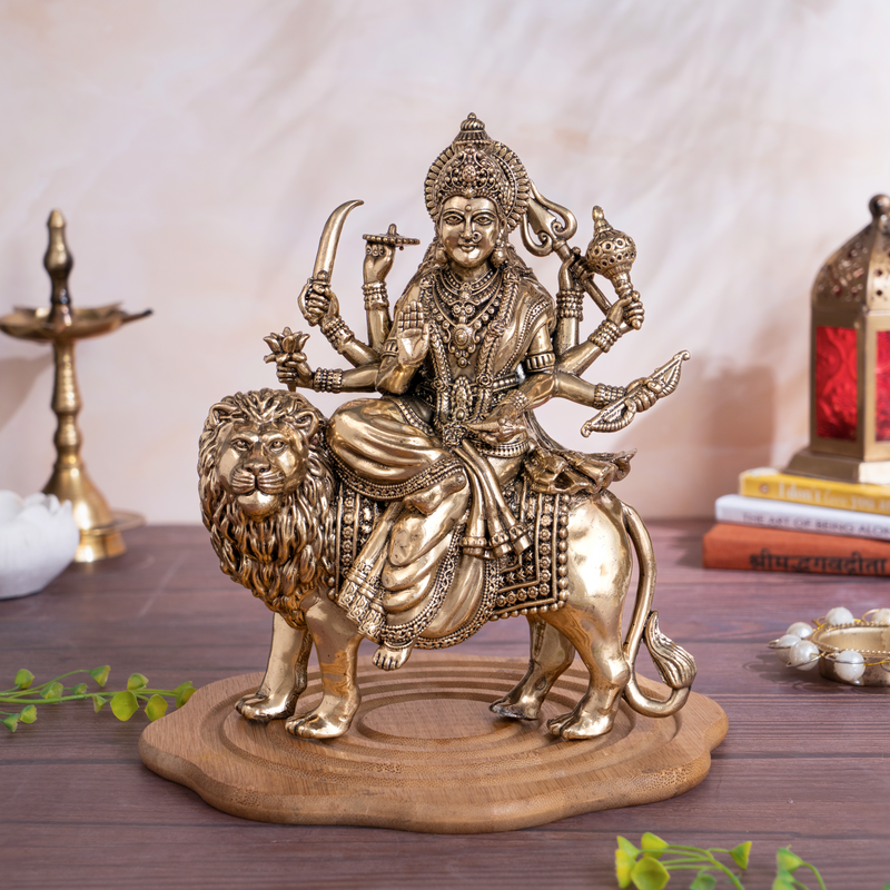Brass Maa Durga Murti in Ashtabhuja Form (8 Inch)