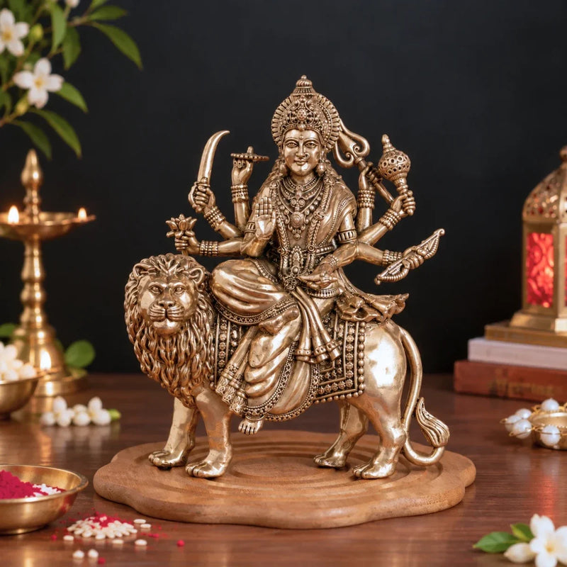Brass Maa Durga Murti in Ashtabhuja Form (8 Inch)