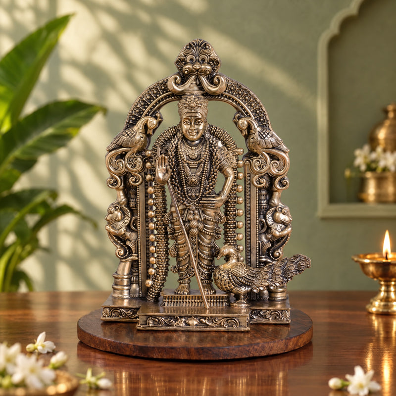 Brass Standing Lord Murugan Murti with Peacock Vahana (8 Inch)
