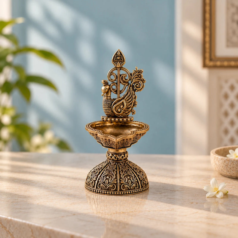 Brass Murugan Vel Diya with Peacock (6 Inch)