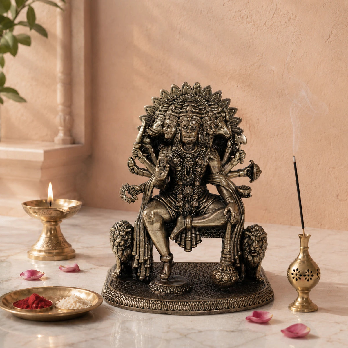 Brass Panchmukhi Hanuman Murti on Sinhasan (7.5 Inch)