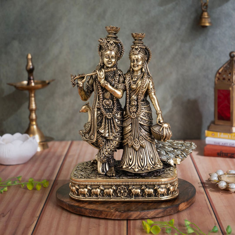 Brass Radha Krishna Murti with Peacock (8 Inch)