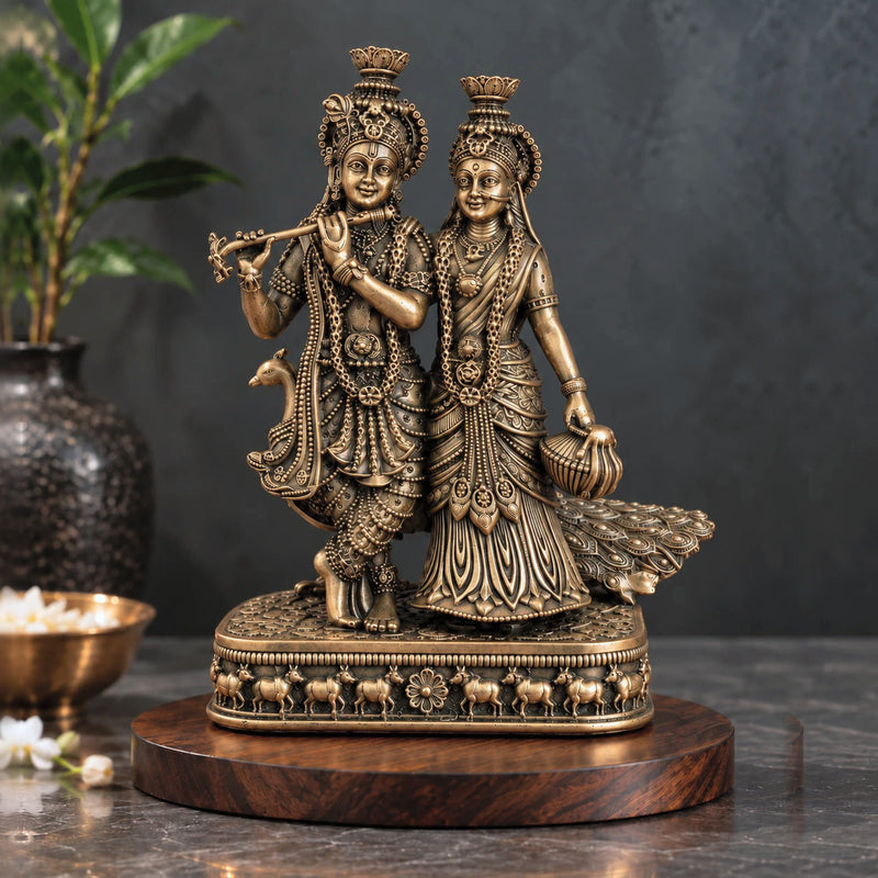 Brass Radha Krishna Murti with Peacock (8 Inch)