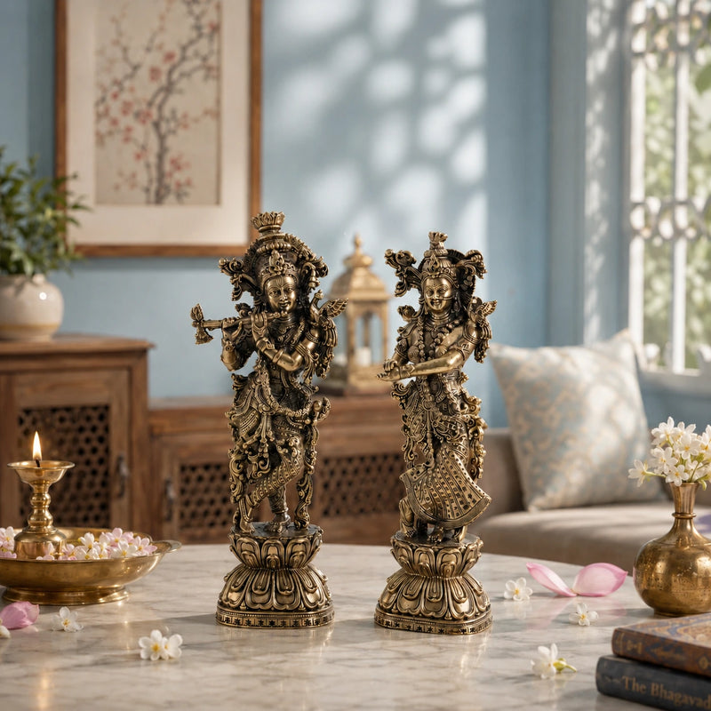Brass Radha Krishna Standing Murti Pair (8 inch)