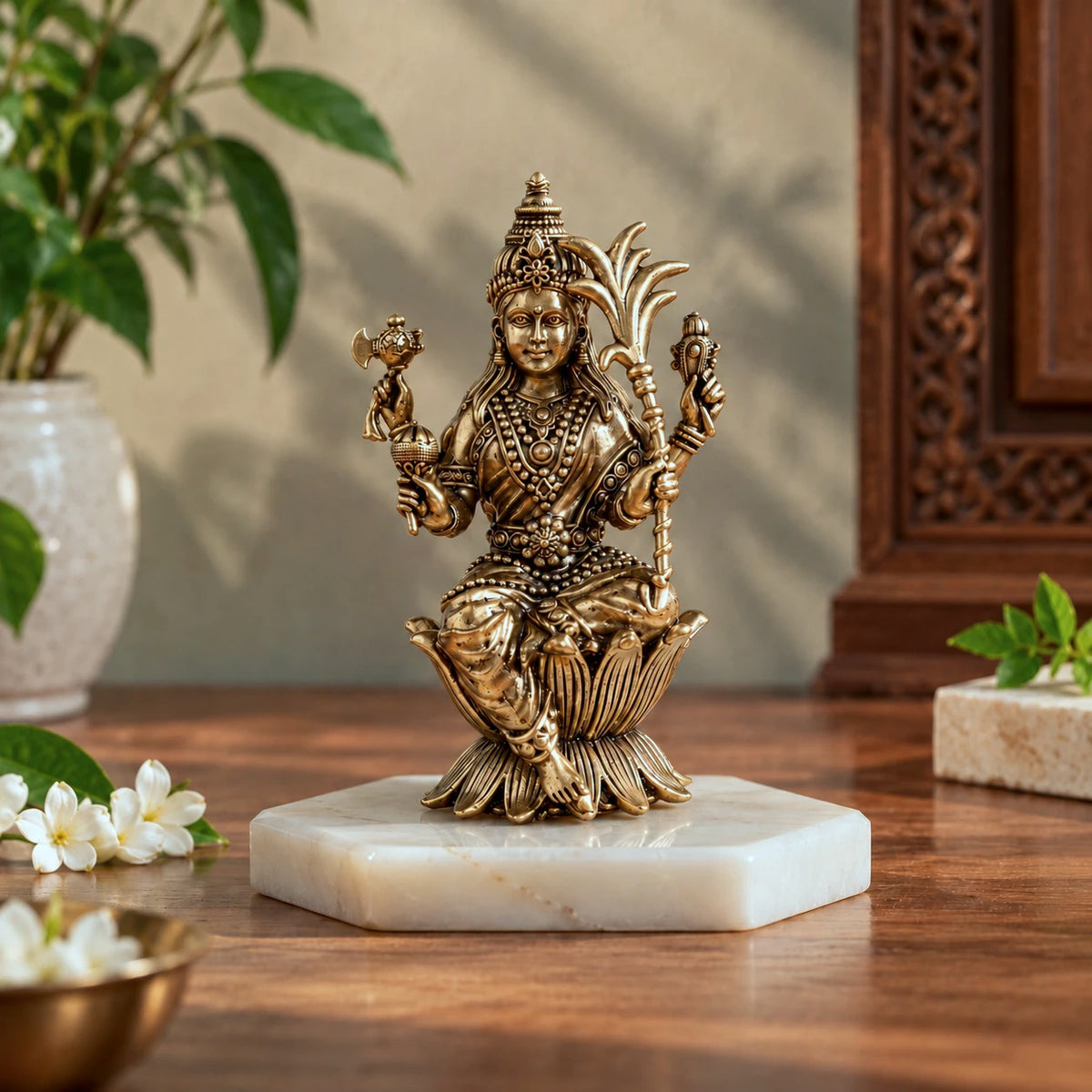 Brass Raja Rajeshwari Devi murti seated on a lotus in four-armed form, on a white marble base