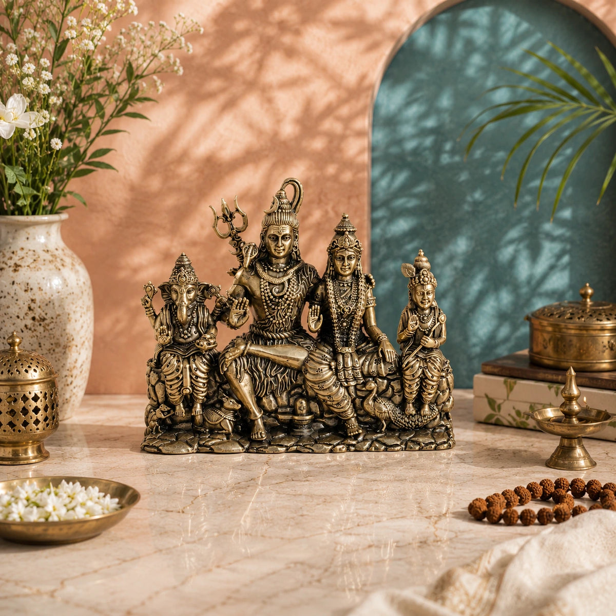 Brass Shiva Parivar Murti with Ganesha & Kartikeya (5.5 Inch)