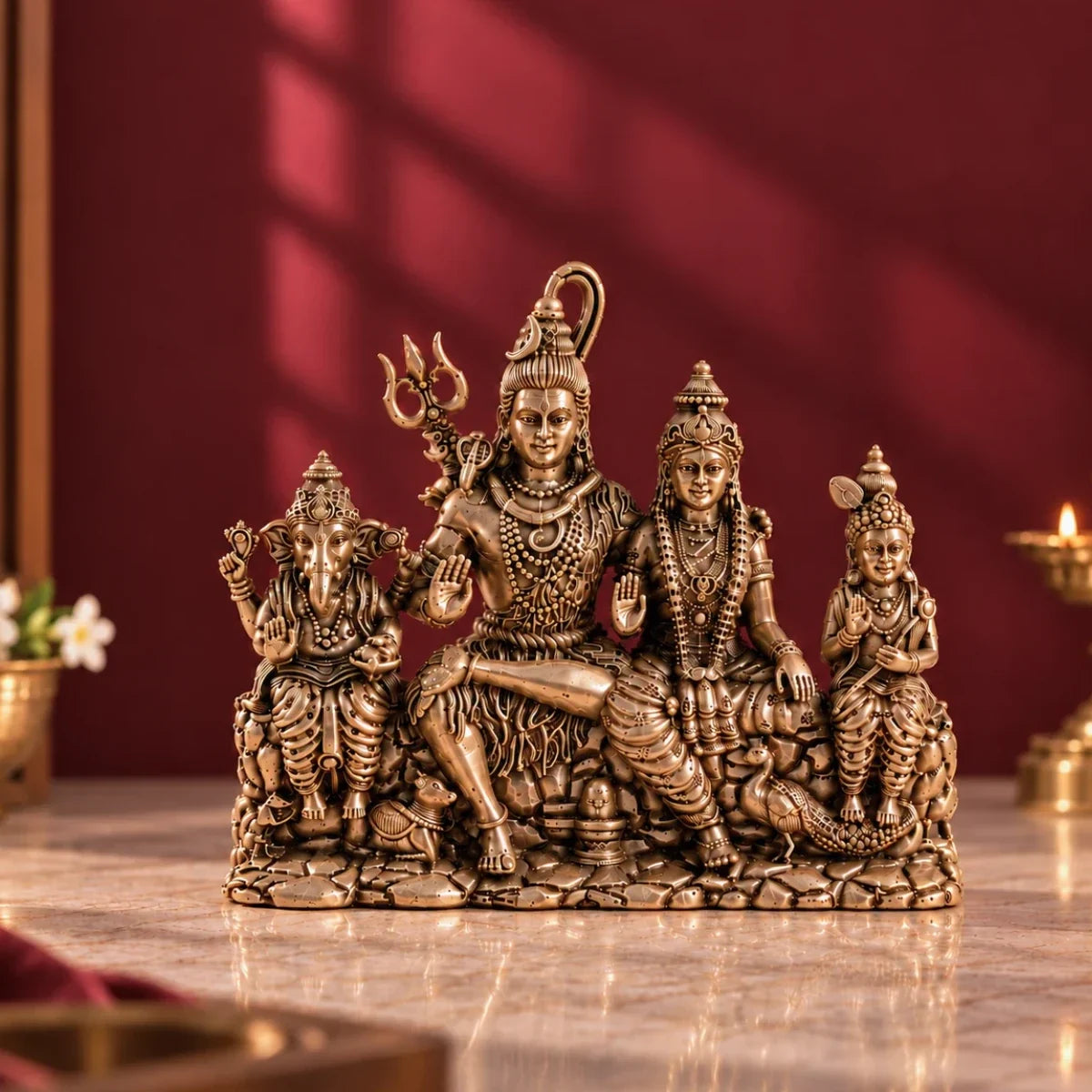 Brass Shiva Parivar murti with Shiva, Parvati, Ganesha and Kartikeya seated together, against a deep red wall