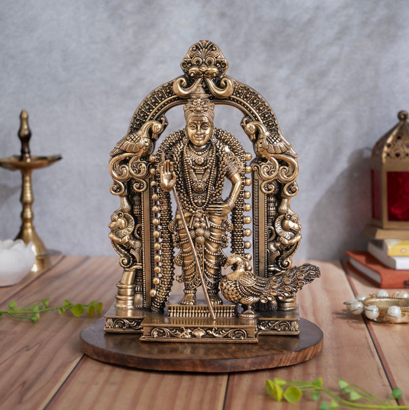 Brass Standing Lord Murugan Murti with Peacock Vahana (8 Inch)