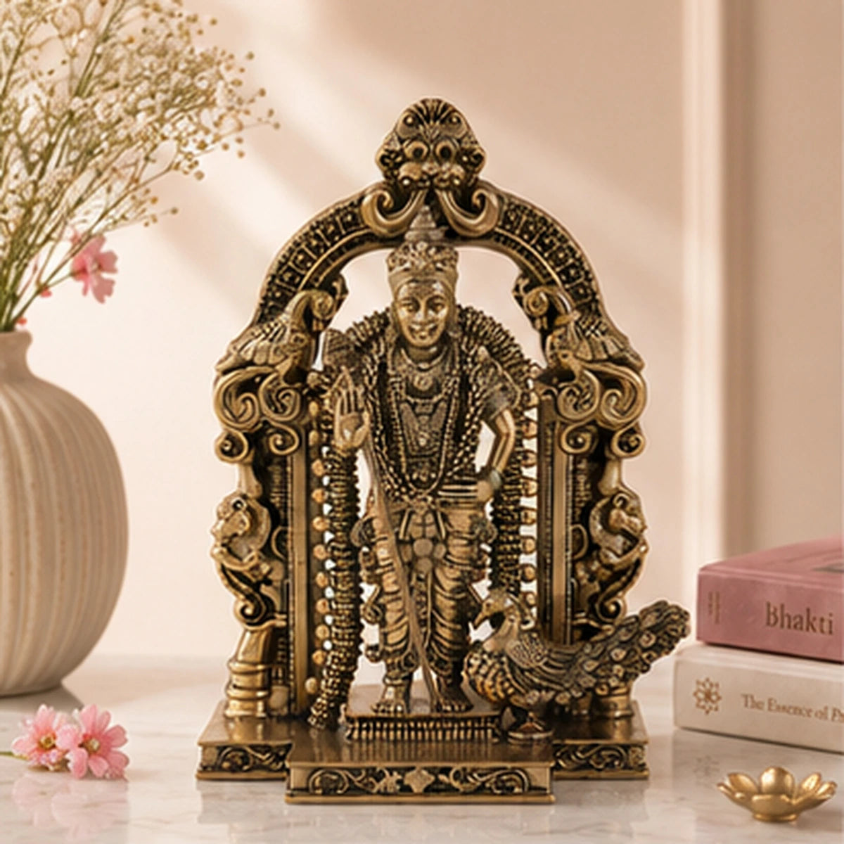 Brass Standing Lord Murugan with peacock vahana (8 inch)