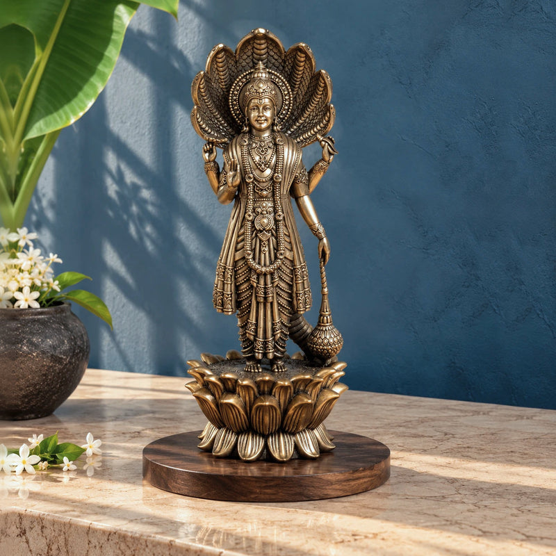 Brass Standing Vishnu Murti with Seven-Headed Sheshnag (11 Inch)