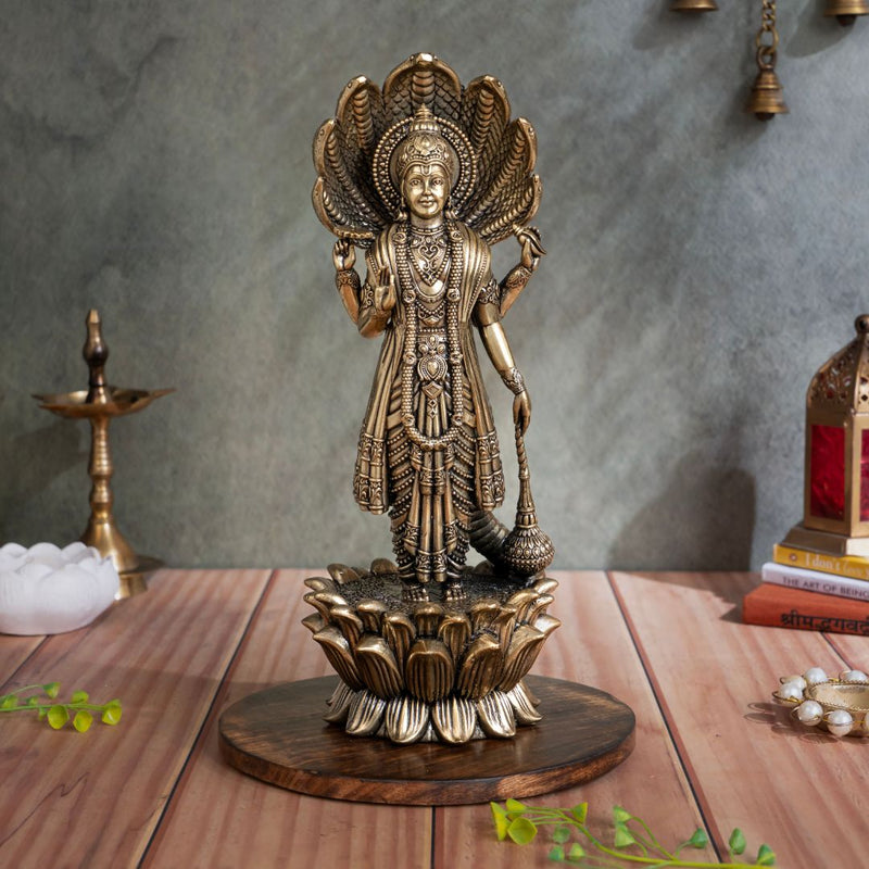 Brass Standing Vishnu Murti with Seven-Headed Sheshnag (11 Inch)