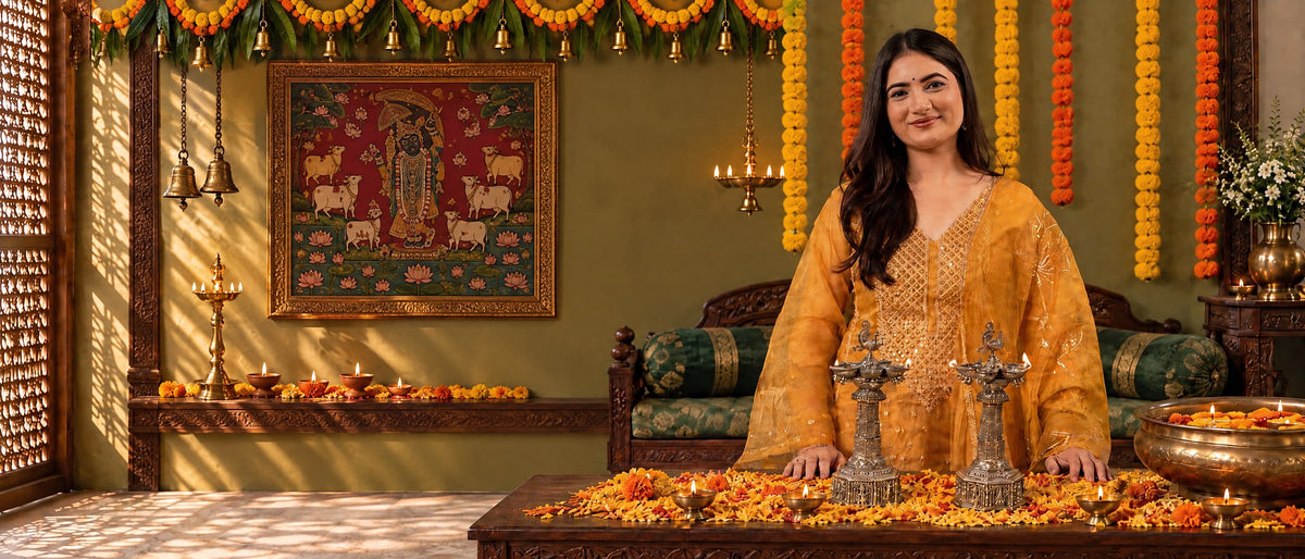 A woman in a yellow kurta behind a pair of lit peacock samai diyas on a marigold-strewn table, in a room dressed for Diwali