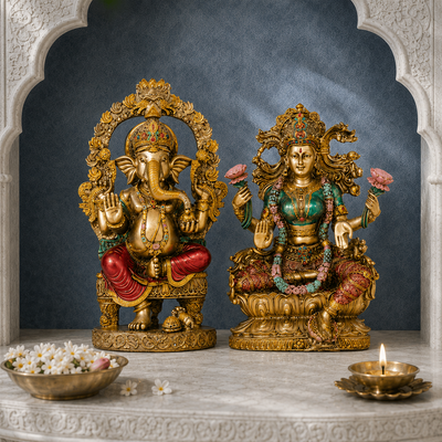 Ganesh Lakshmi antique murti pair 10 inch styled mood image